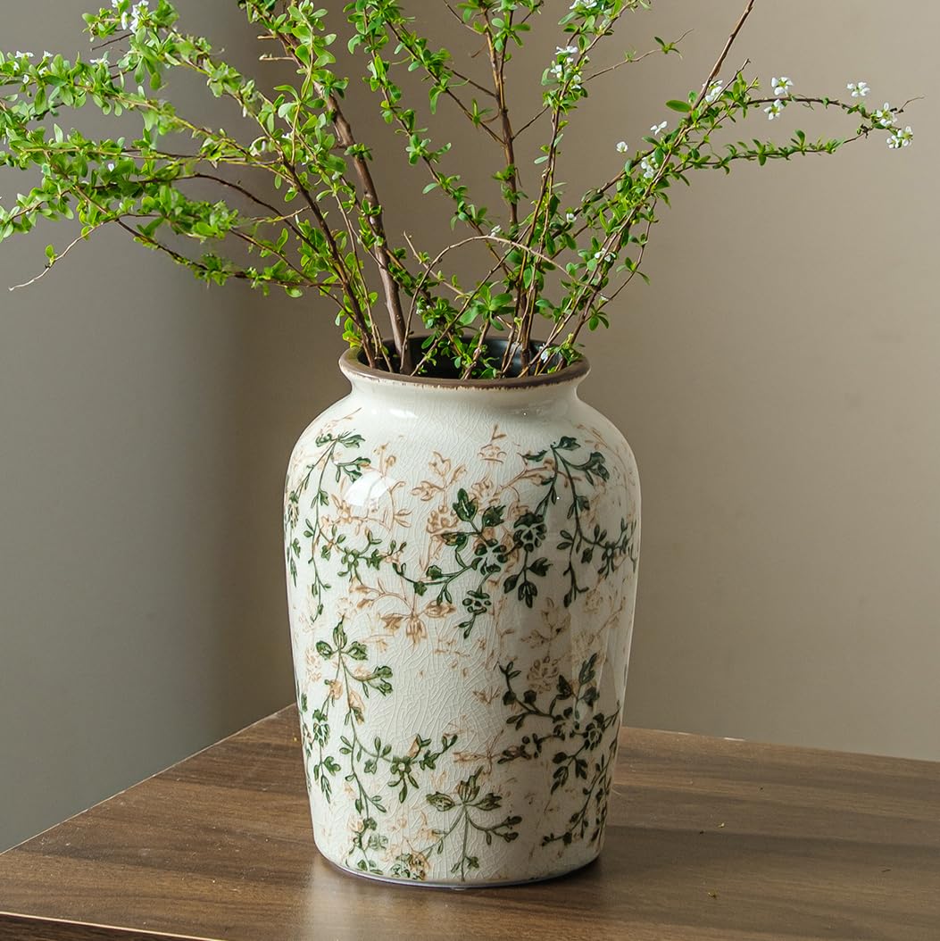 Vintage Chinoiserie Ceramic Floral Vase Retro Ice Cracked Large Home Decor
