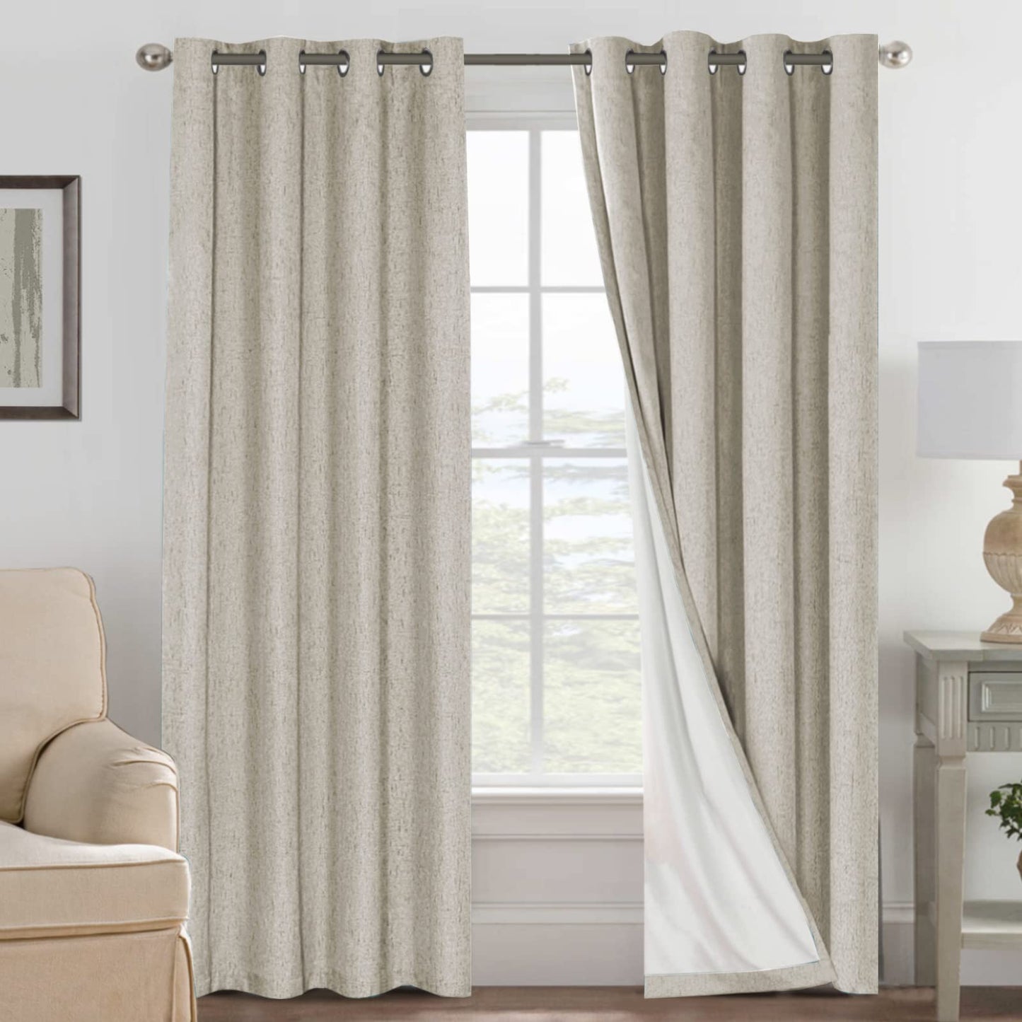 Linen Blackout Curtains Thick Textured Thermal Insulated Extra Wide Grommet Patio Door Drapes
