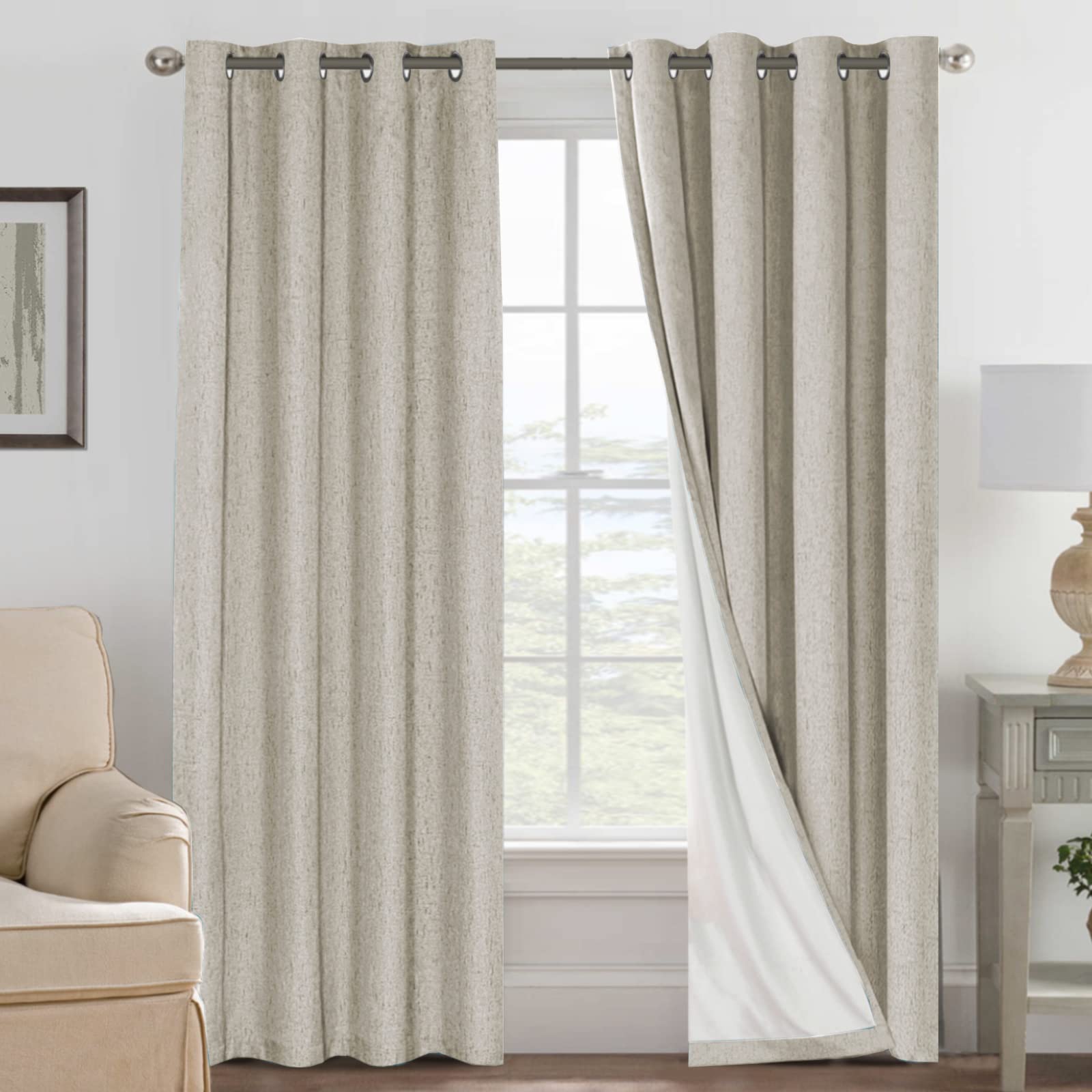 Linen Blackout Curtains Thick Textured Thermal Insulated Extra Wide Grommet Patio Door Drapes