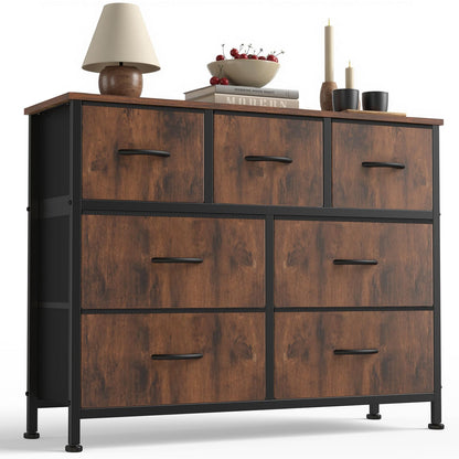 7-Drawer Fabric Dresser Storage Tower with Steel Frame and Wood Top
