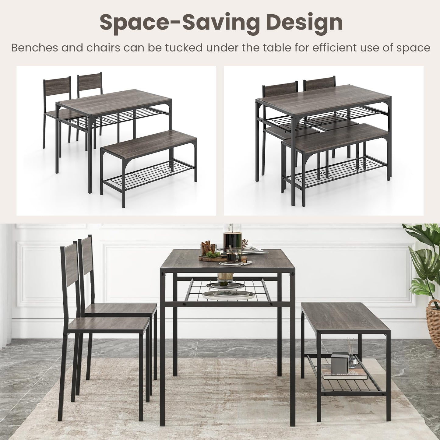 Dining Table Set for 4 with Bench, Metal Frame and Storage Rack, Modern Small Space Design