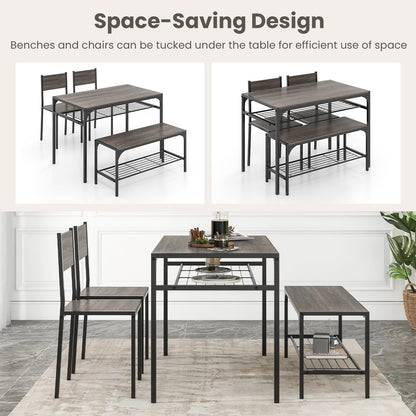 Dining Table Set for 4 with Bench, Metal Frame and Storage Rack, Modern Small Space Design