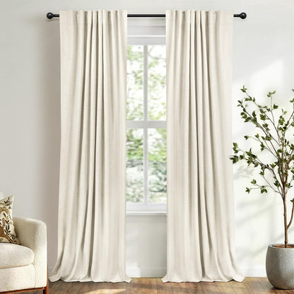 100% Blackout Linen Curtains Thermal Insulated Back Tab Rod Pocket Drapes for Bedroom Living Room