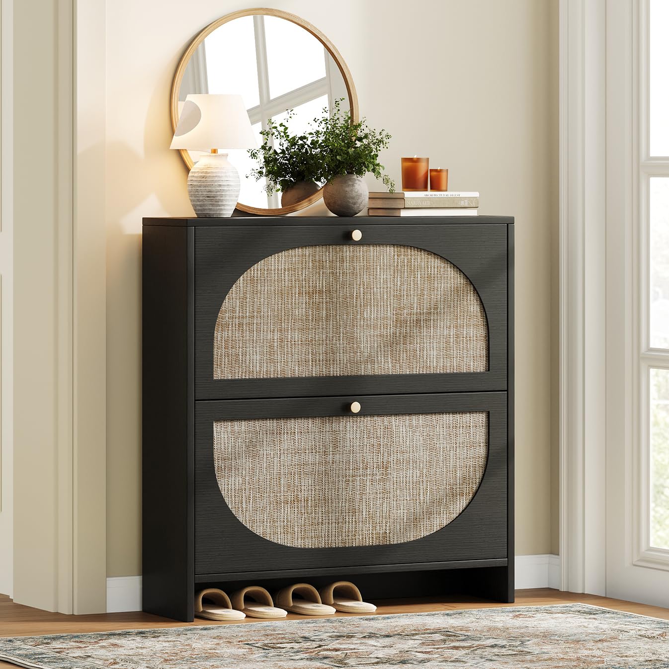 Rattan Arched Shoe Cabinet with Flip Drawers and Adjustable Shelves Entryway Storage Rack