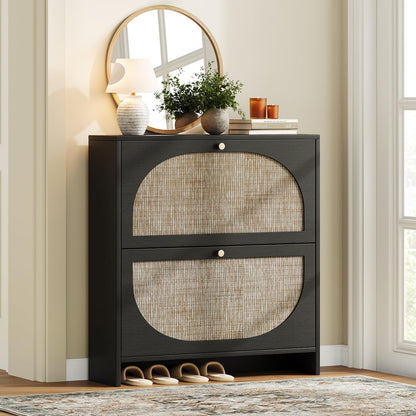 Rattan Arched Shoe Cabinet with Flip Drawers and Adjustable Shelves Entryway Storage Rack