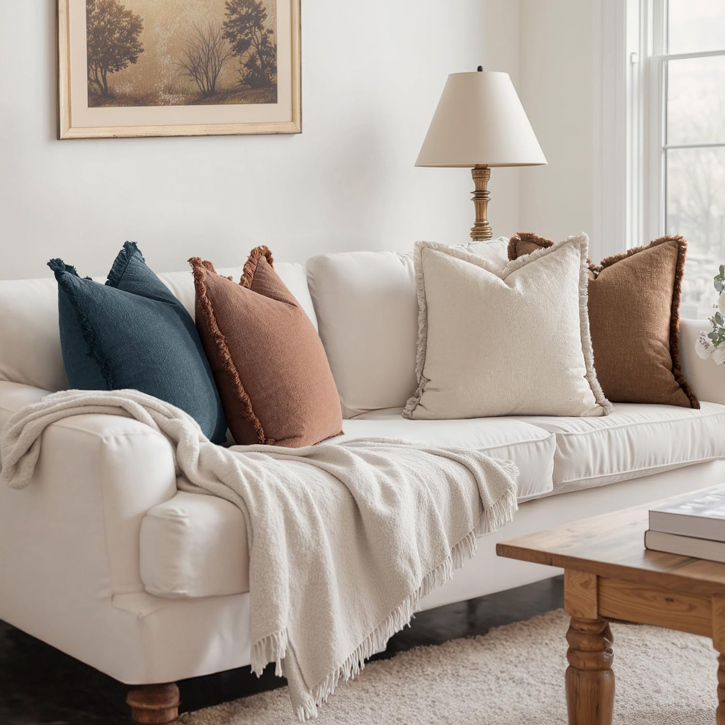 Neutral Linen Fringe Throw Pillow Covers Set of 4 Boho Farmhouse Tassel Cushion Covers for Sofa Bed Living Room Decor