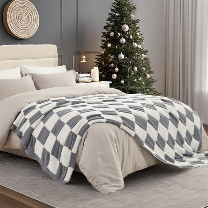 Snuggle Sac Faux Fur Checkered Throw Blanket with Fluffy Microfiber Fabric