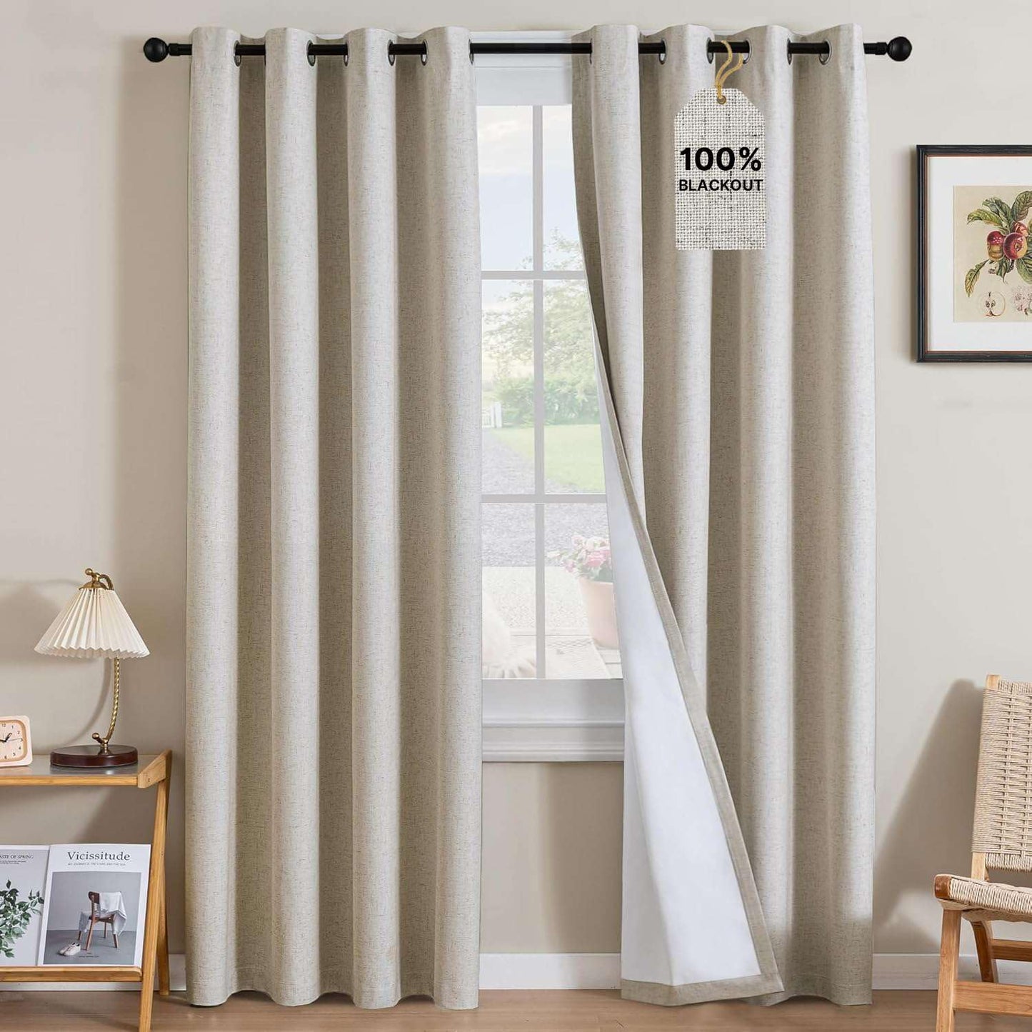 Linen Blackout Curtains Thick Textured Thermal Insulated Extra Wide Grommet Patio Door Drapes