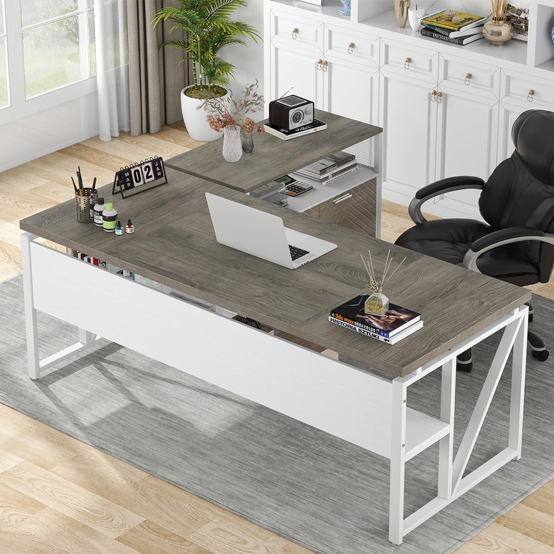 L-Shaped Executive Desk with Drawer Cabinet and File Storage Home Office Furniture