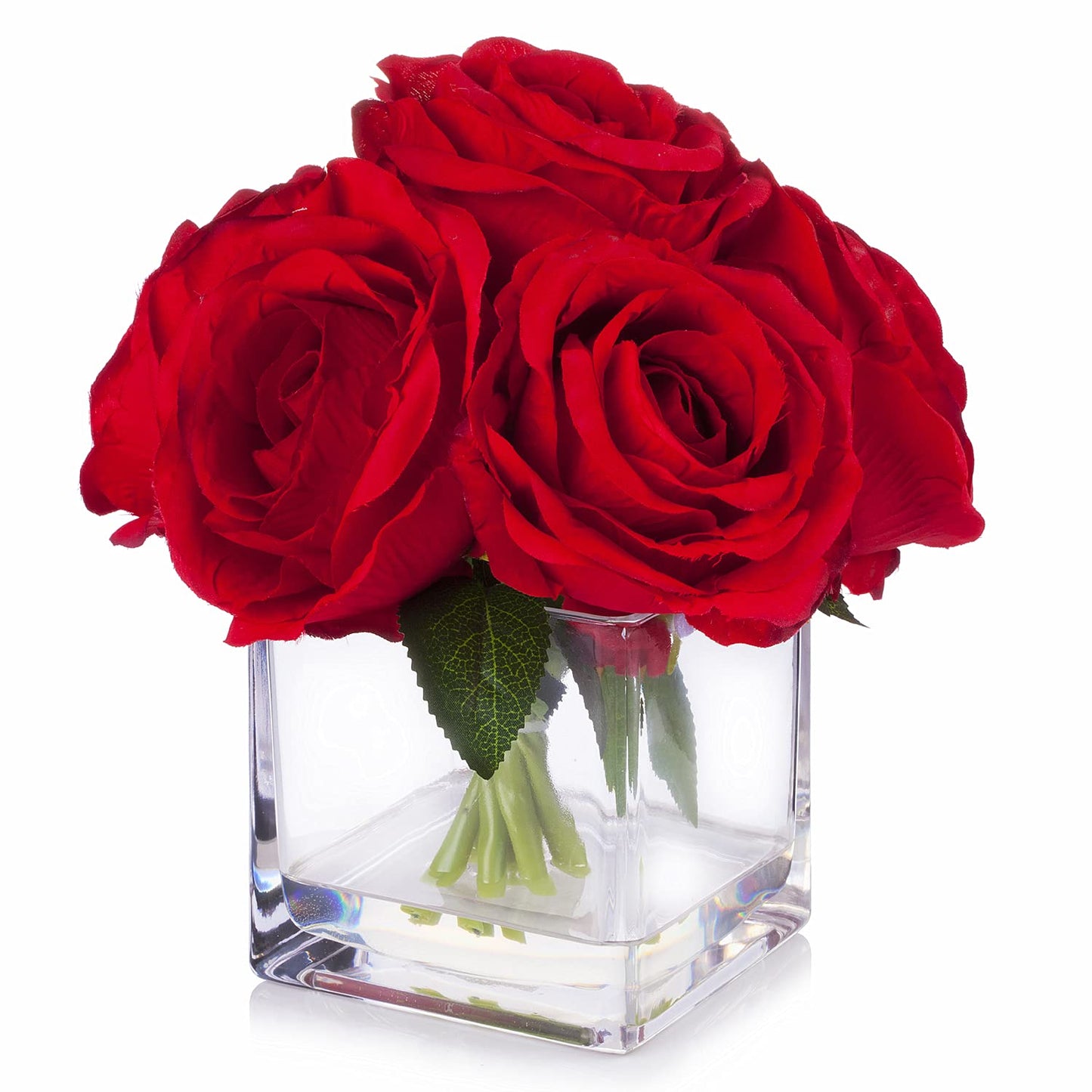 Artificial Silk Rose Floral Arrangement with Glass Vase Faux Water Home Decor