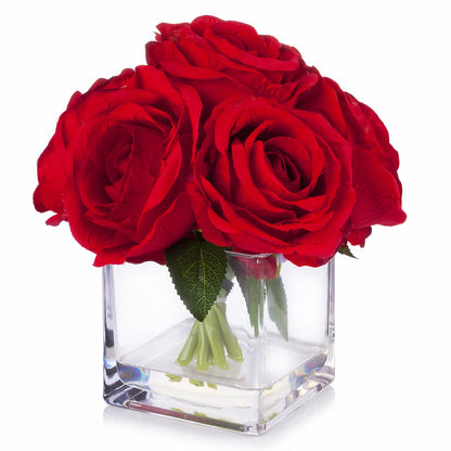 Artificial Silk Rose Floral Arrangement with Glass Vase Faux Water Home Decor