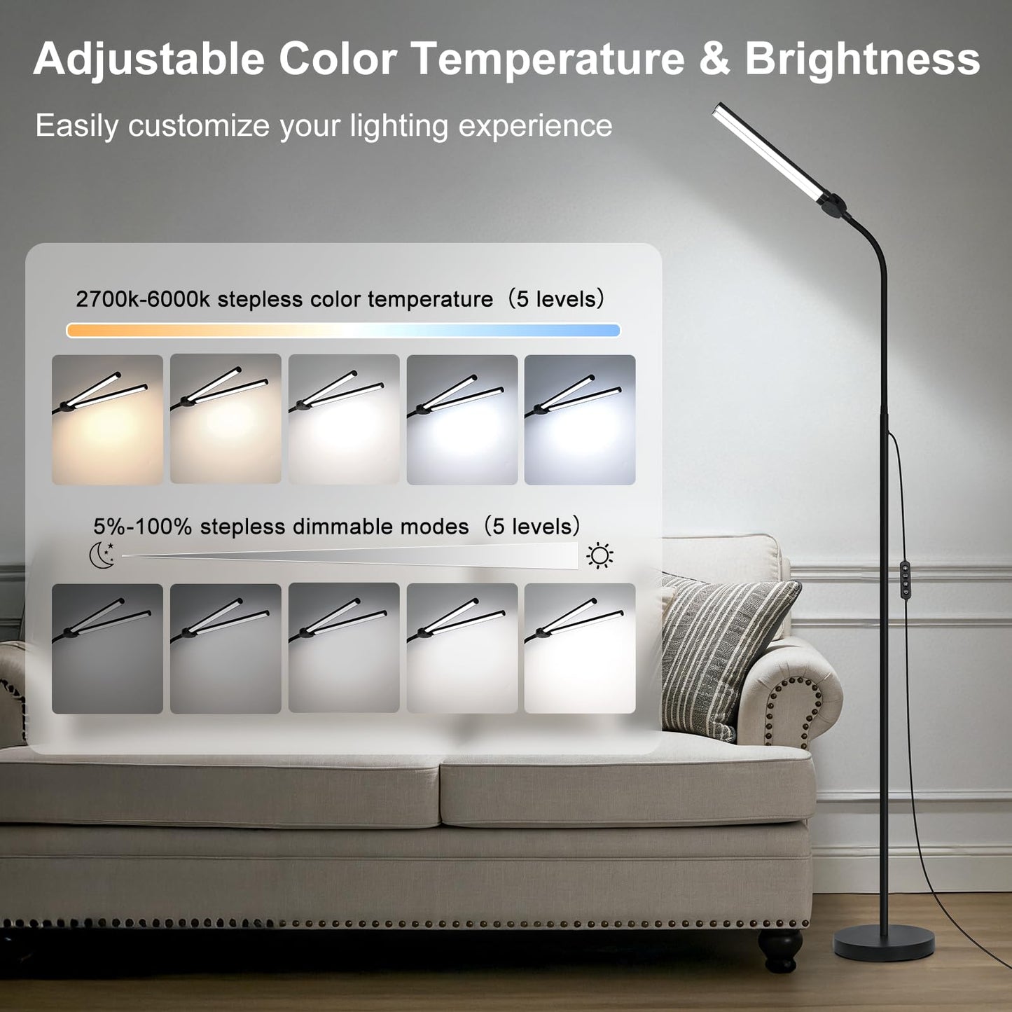 Adjustable Dual Head LED Floor Lamp Dimmable Bright Task Standing Light for Reading Office Living Room Bedroom