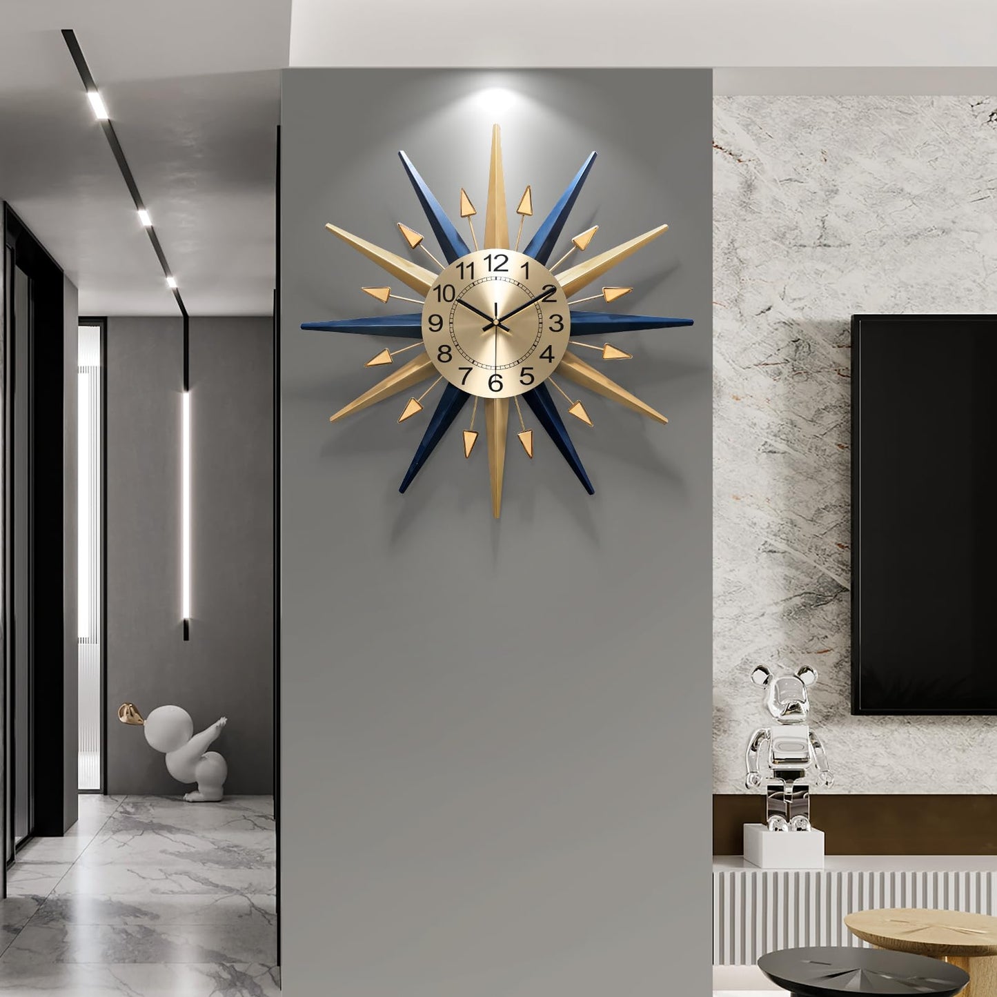 Mid-Century Starburst Metal Wall Clock with Crystal Accents Large Decorative Wall Clock for Home Office Living Room Kitchen
