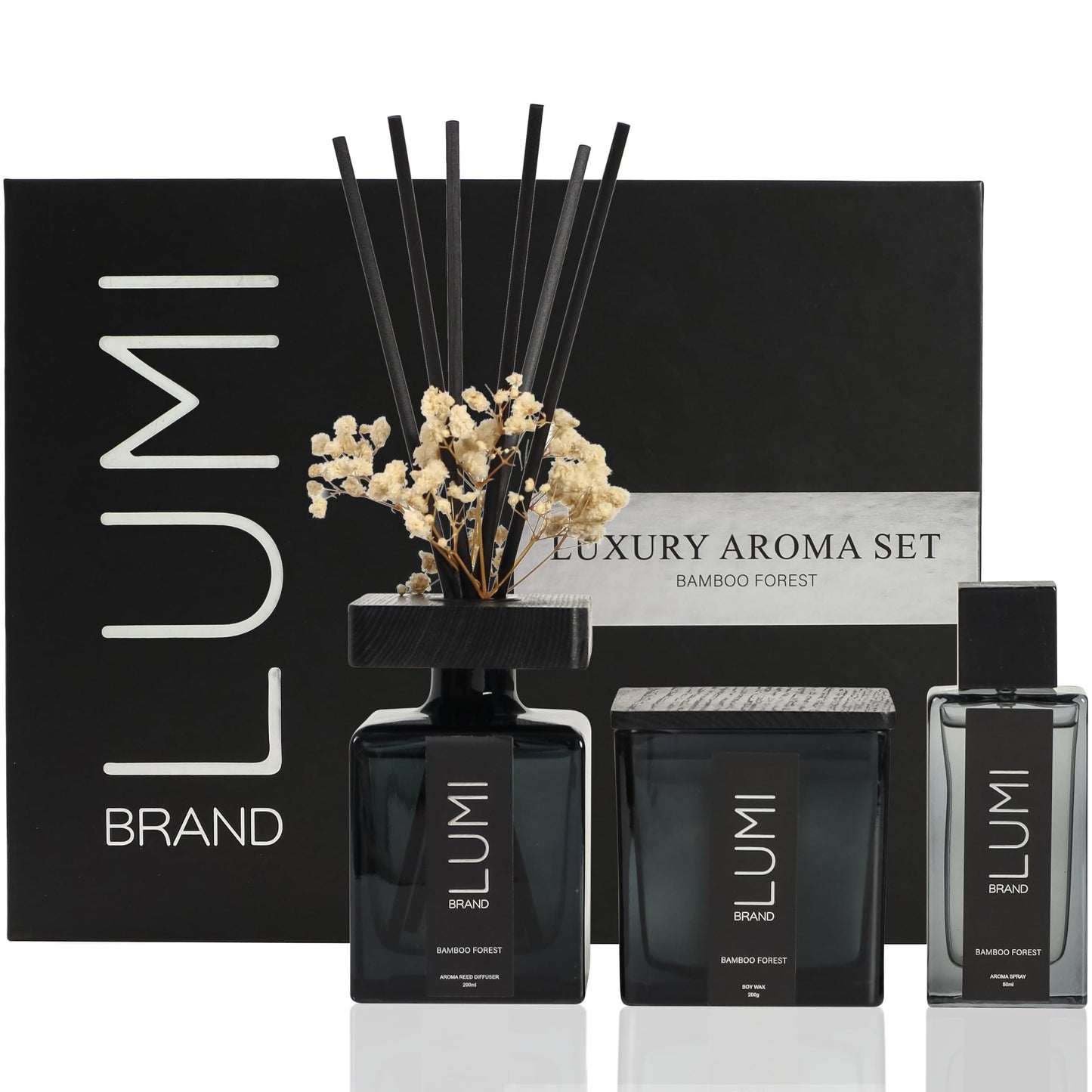 Luxury Home Fragrance Gift Set with Reed Diffuser Candle and Room Spray Dried Flowers Set