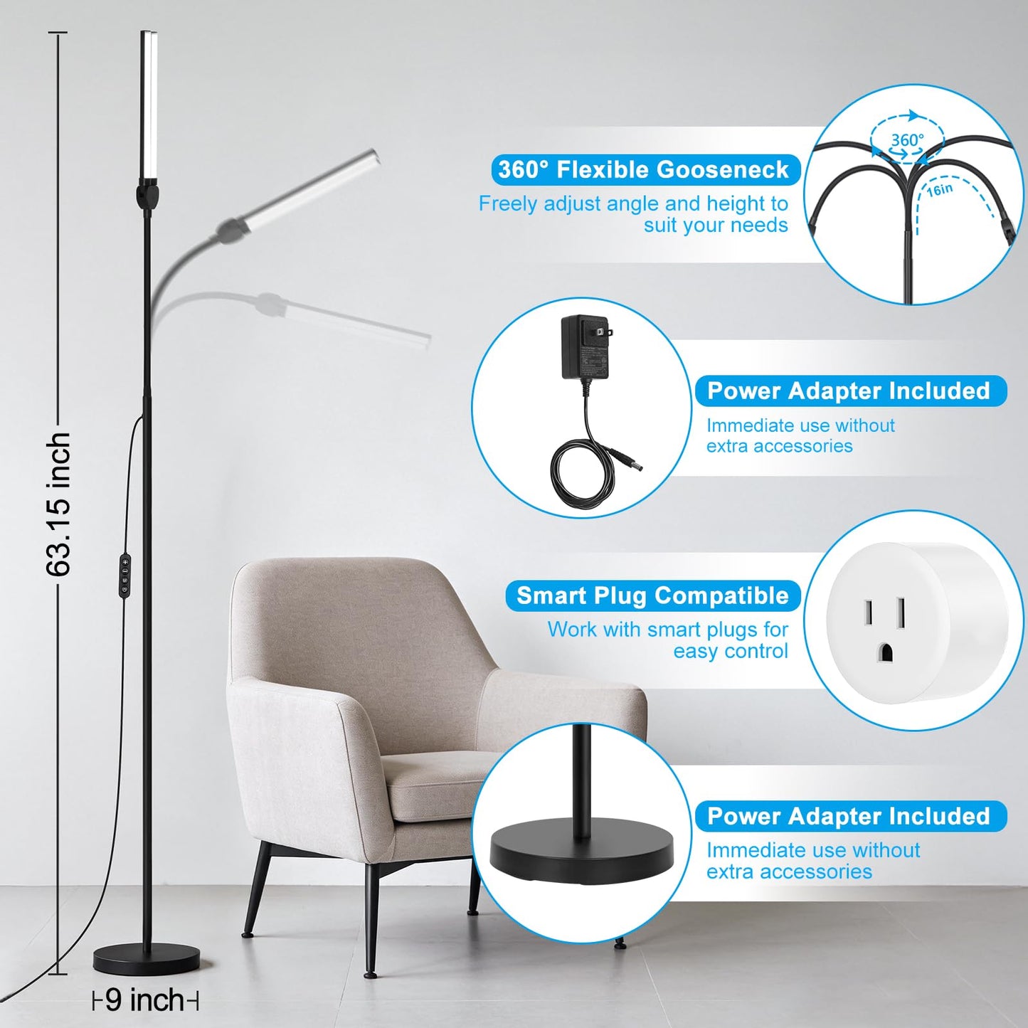 Adjustable Dual Head LED Floor Lamp Dimmable Bright Task Standing Light for Reading Office Living Room Bedroom