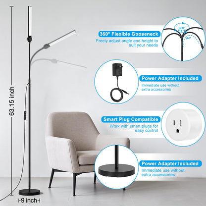 Adjustable Dual Head LED Floor Lamp Dimmable Bright Task Standing Light for Reading Office Living Room Bedroom