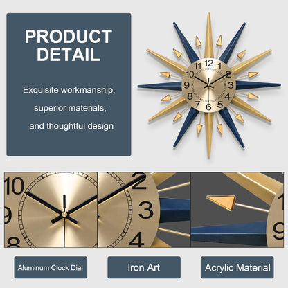 Mid-Century Starburst Metal Wall Clock with Crystal Accents Large Decorative Wall Clock for Home Office Living Room Kitchen