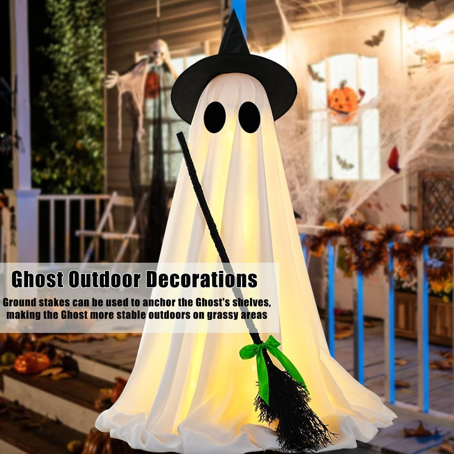 Halloween Ghost Decoration with LED Lights and Witch Broom Indoor Outdoor Porch Yard Garden Decor