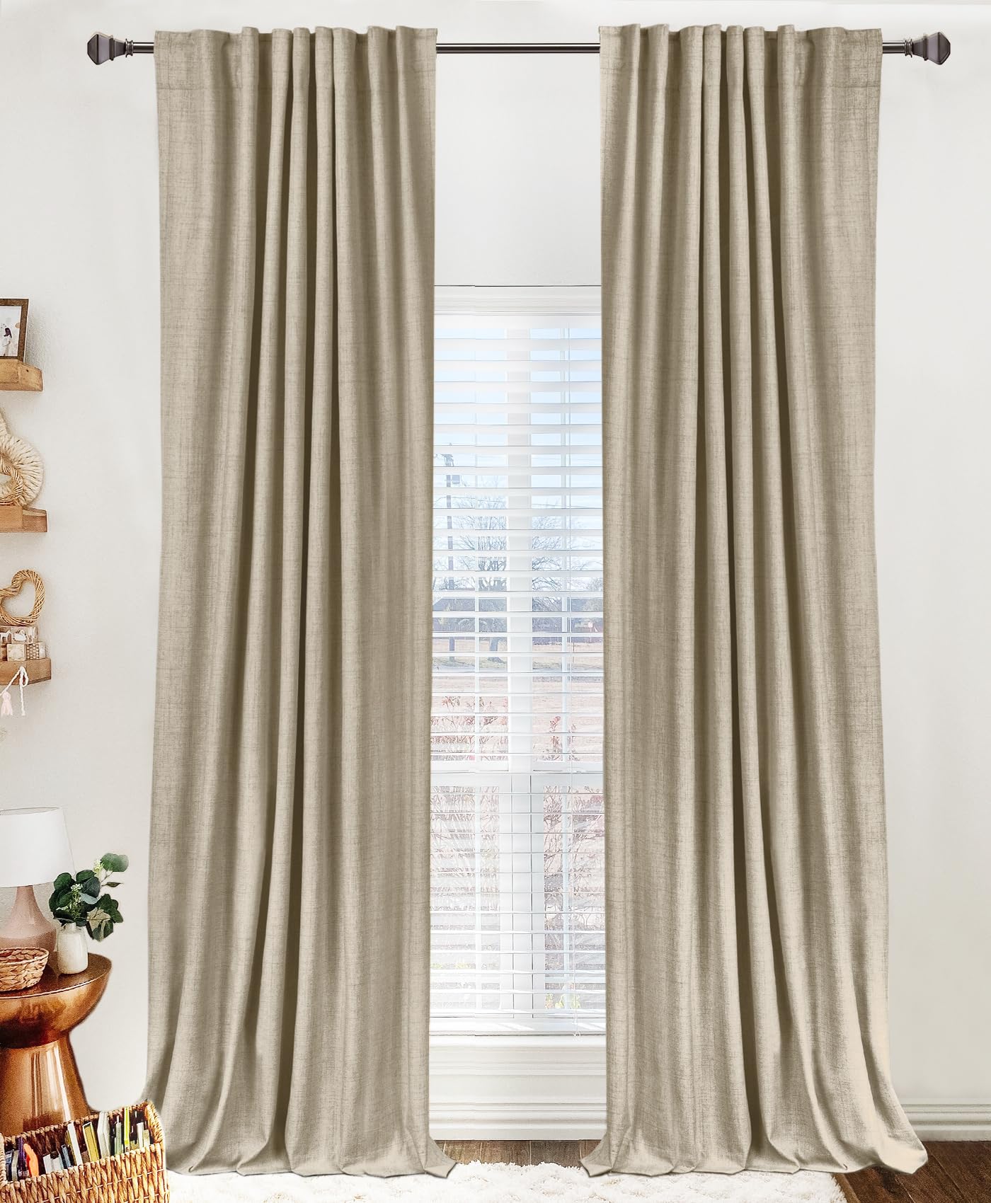 100% Blackout Linen Curtains Thermal Insulated Back Tab Rod Pocket Drapes for Bedroom Living Room