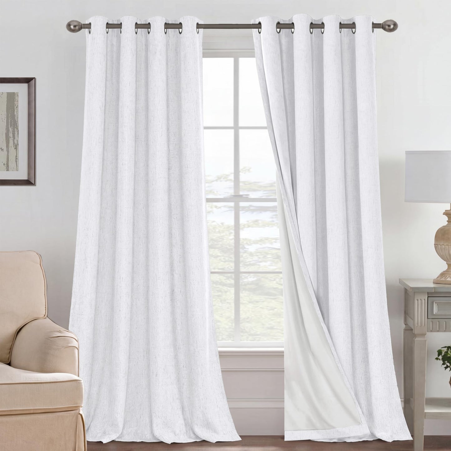 Linen Blackout Curtains Thick Textured Thermal Insulated Extra Wide Grommet Patio Door Drapes