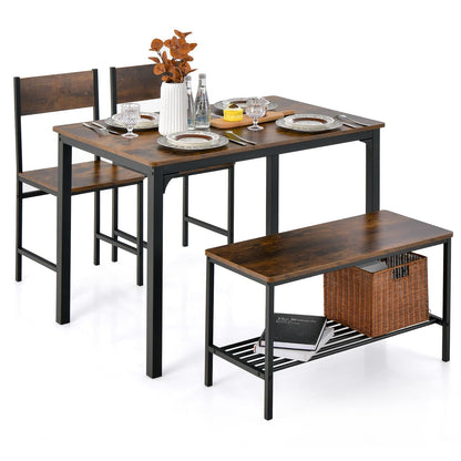 Dining Table Set for 4 with Bench, Metal Frame and Storage Rack, Modern Small Space Design