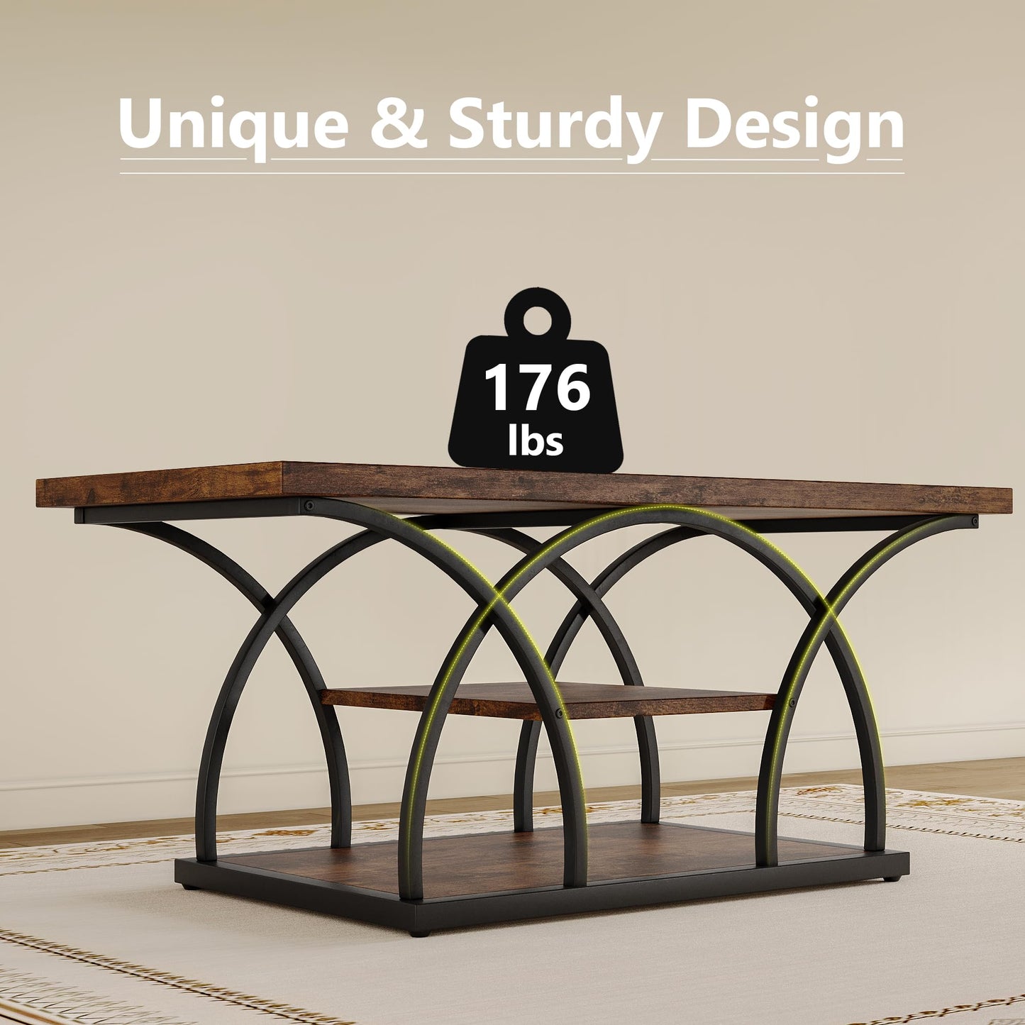 Rustic 3-Tier Coffee Table with Storage Industrial Wood Metal Frame
