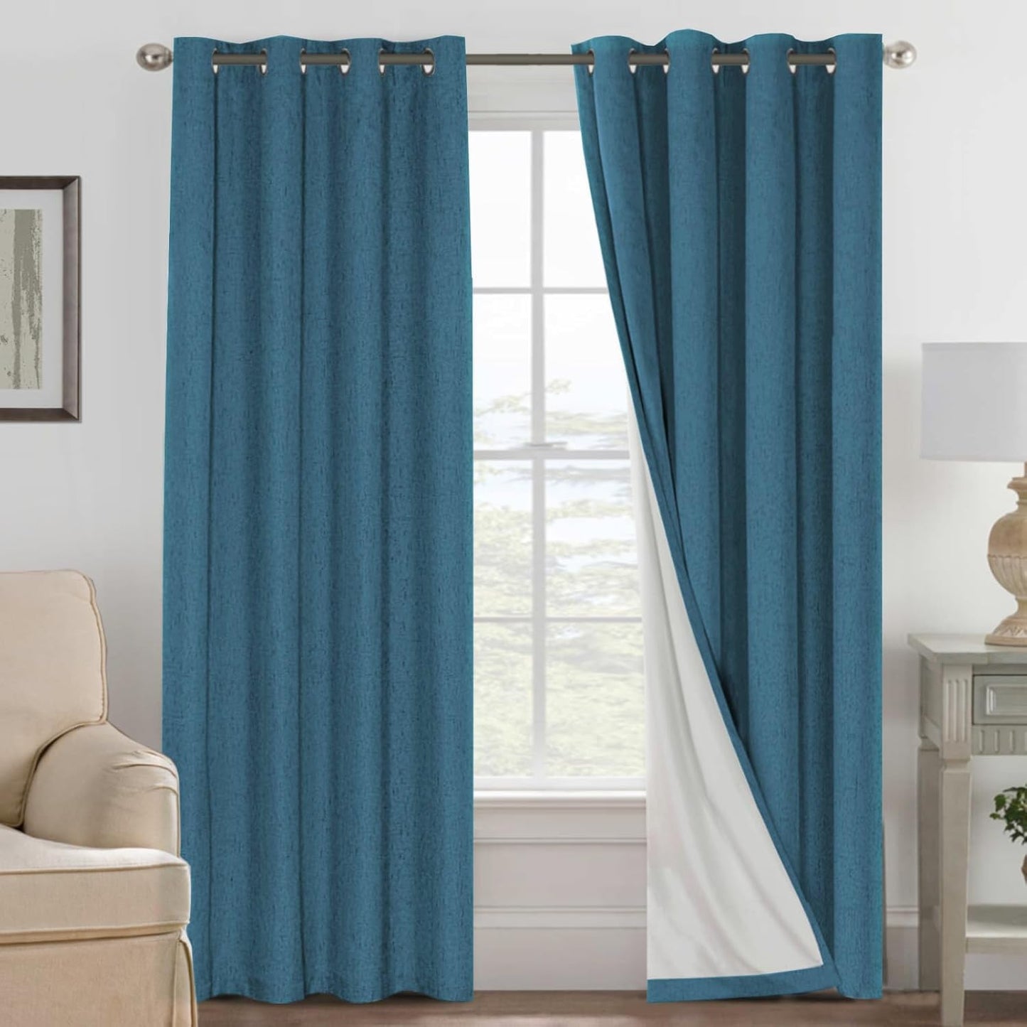 Linen Blackout Curtains Thick Textured Thermal Insulated Extra Wide Grommet Patio Door Drapes