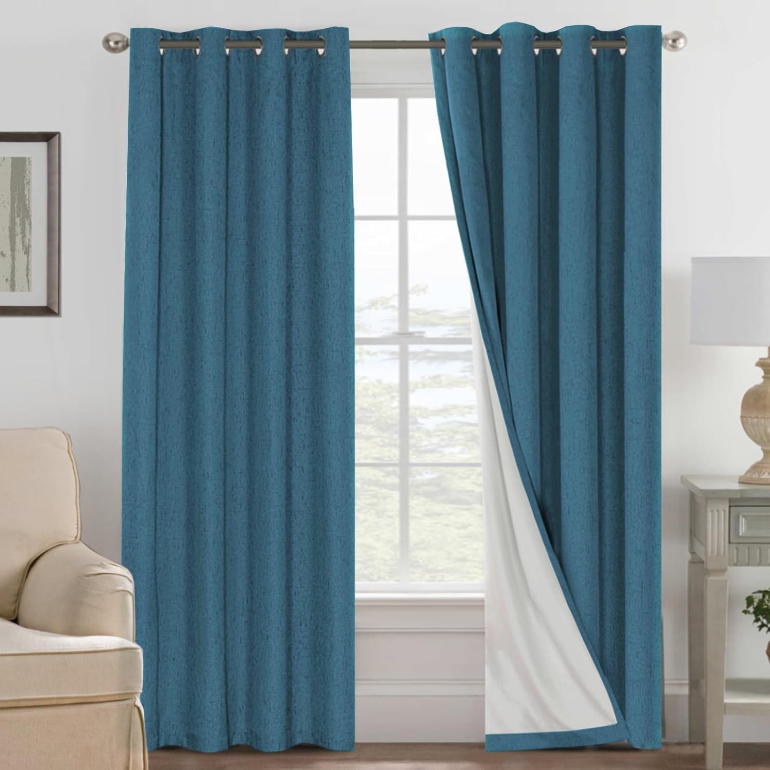 Linen Blackout Curtains Thick Textured Thermal Insulated Extra Wide Grommet Patio Door Drapes