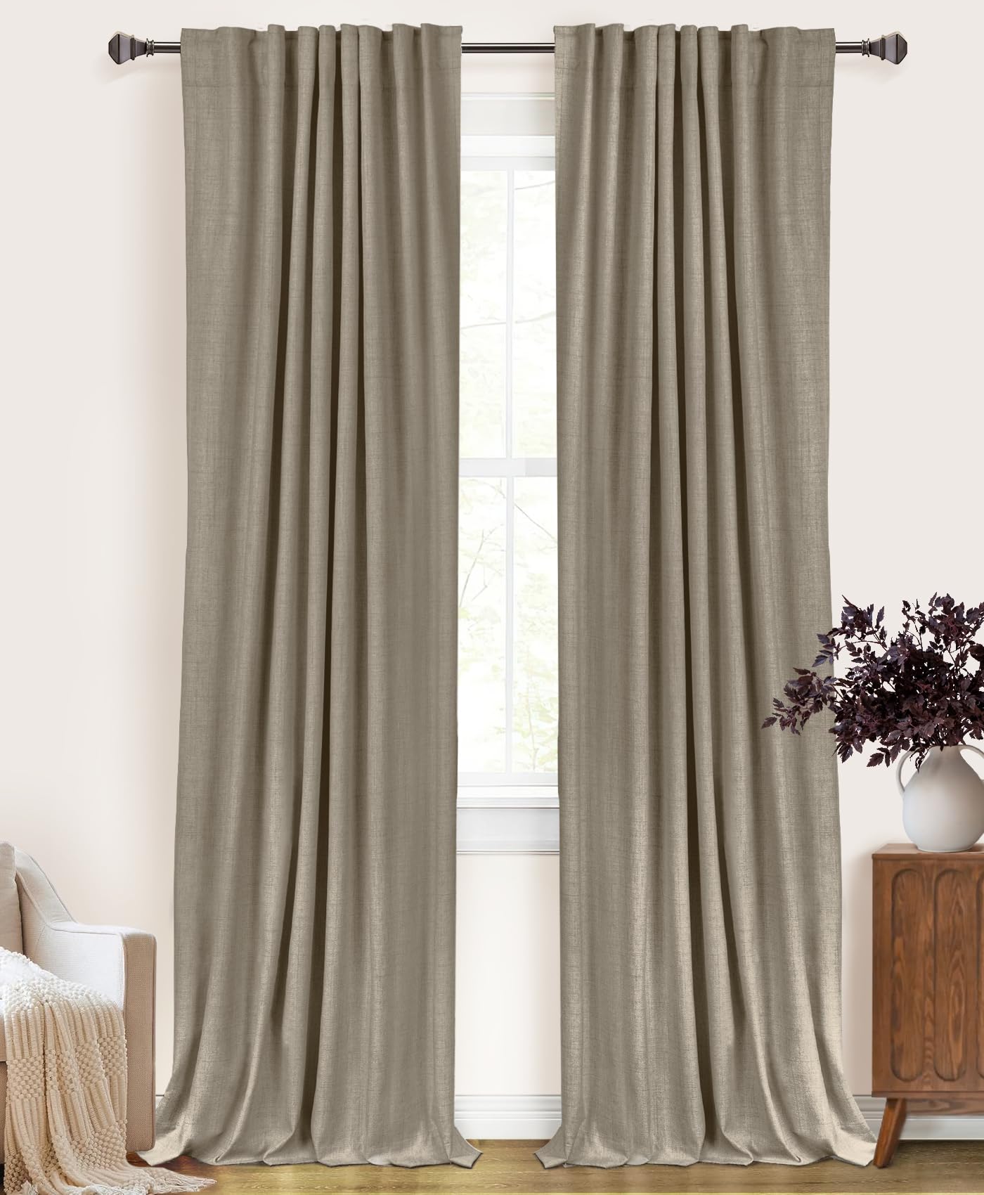 100% Blackout Linen Curtains Thermal Insulated Back Tab Rod Pocket Drapes for Bedroom Living Room