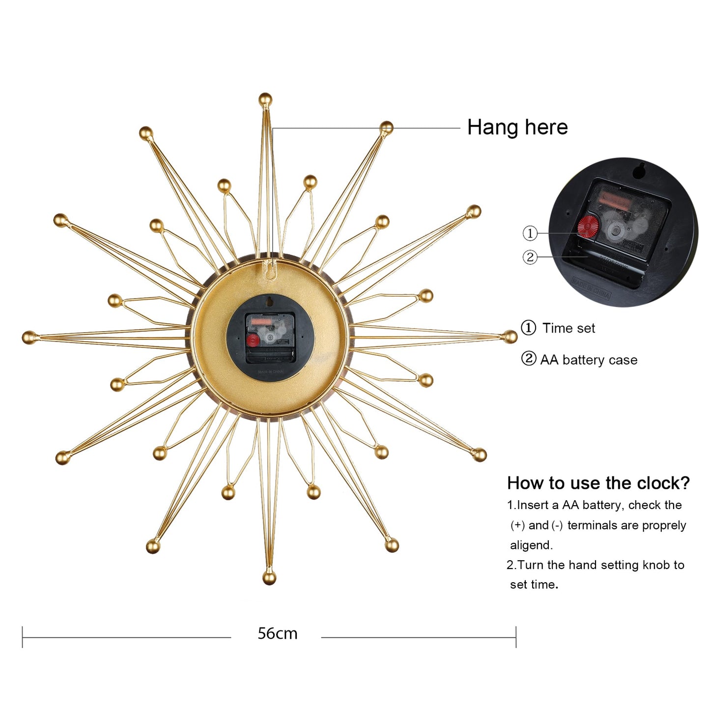 Silent Gold Metal Starburst Wall Clock 23 Inch Mid Century Modern Battery Operated Decorative Clock for Living Room Kitchen Office