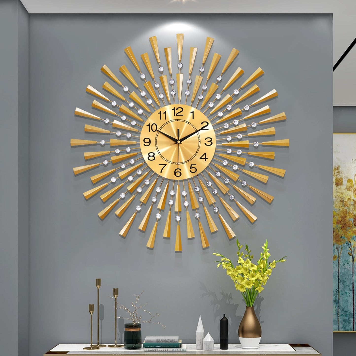 Large Round 3D Crystal Wall Clock with Silent Non-Ticking Design Battery Operated Home Decor for Living Room Bedroom Kitchen Office