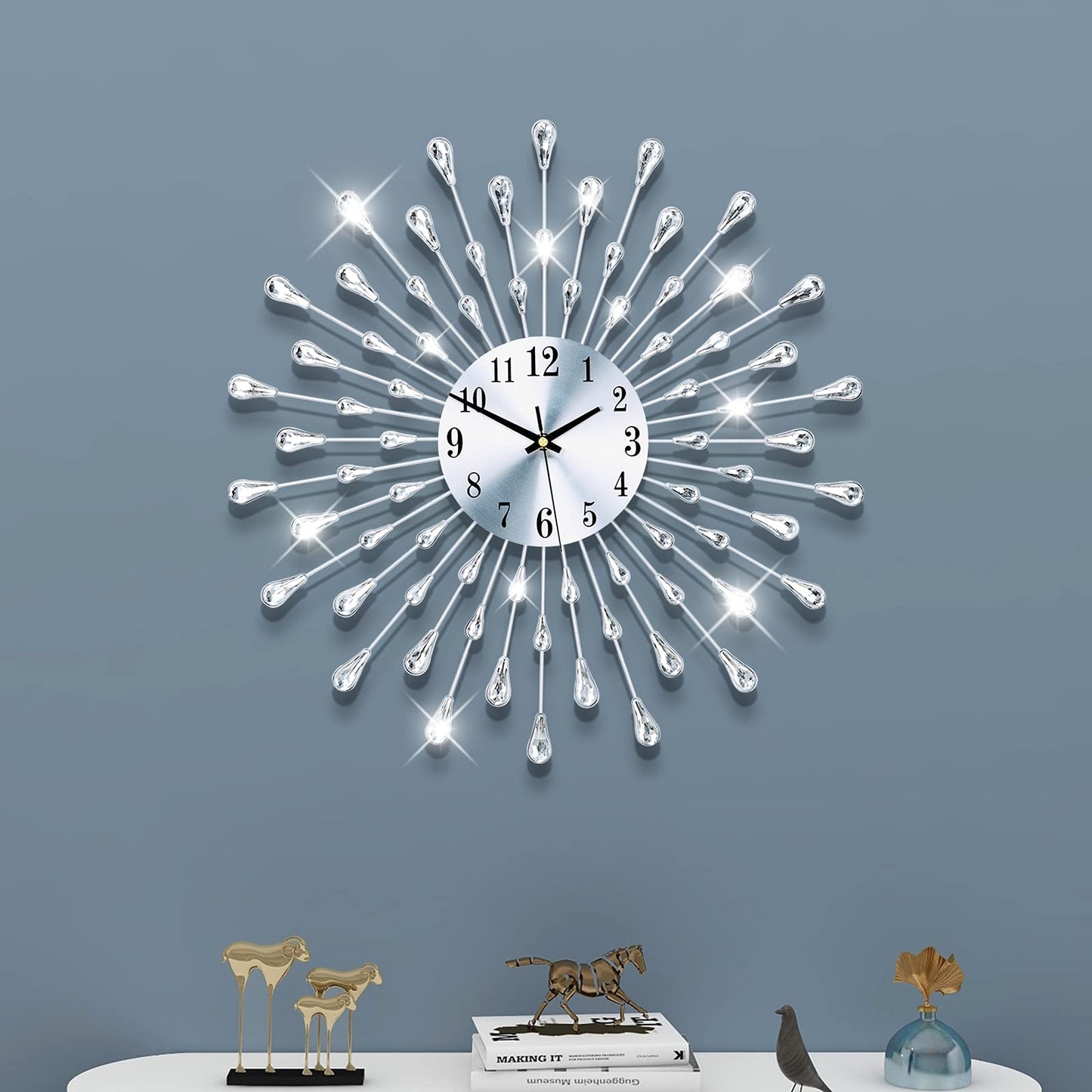 Large Round 3D Crystal Wall Clock with Silent Non-Ticking Design Battery Operated Home Decor for Living Room Bedroom Kitchen Office