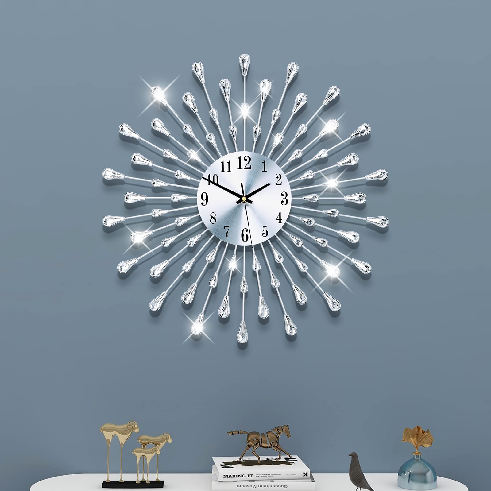 Large Round 3D Crystal Wall Clock with Silent Non-Ticking Design Battery Operated Home Decor for Living Room Bedroom Kitchen Office