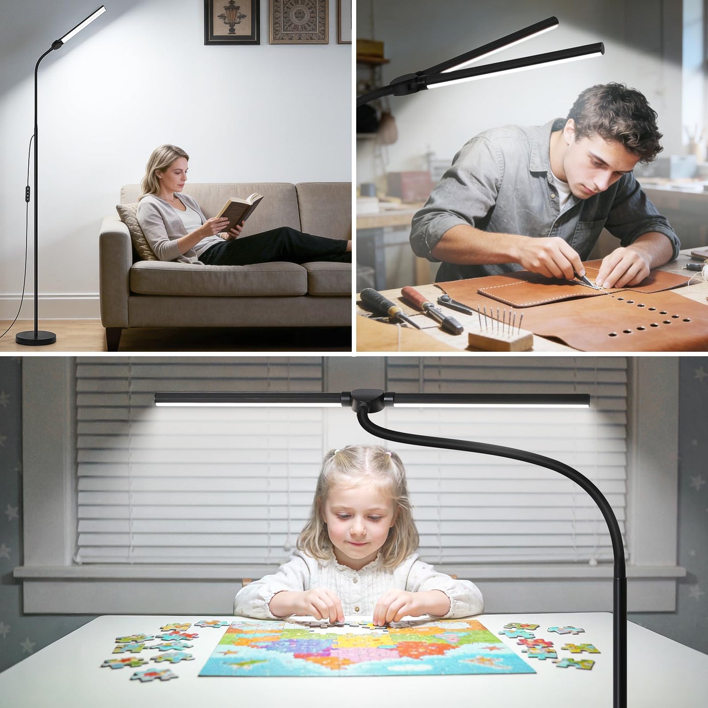 Adjustable Dual Head LED Floor Lamp Dimmable Bright Task Standing Light for Reading Office Living Room Bedroom