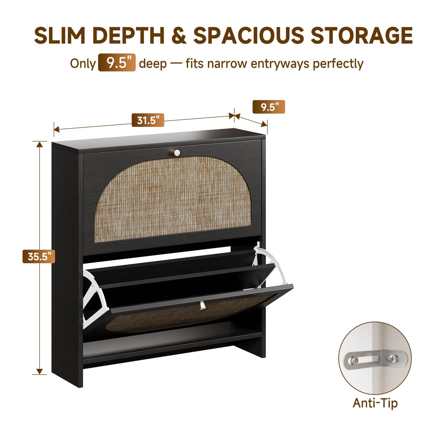 Rattan Arched Shoe Cabinet with Flip Drawers and Adjustable Shelves Entryway Storage Rack