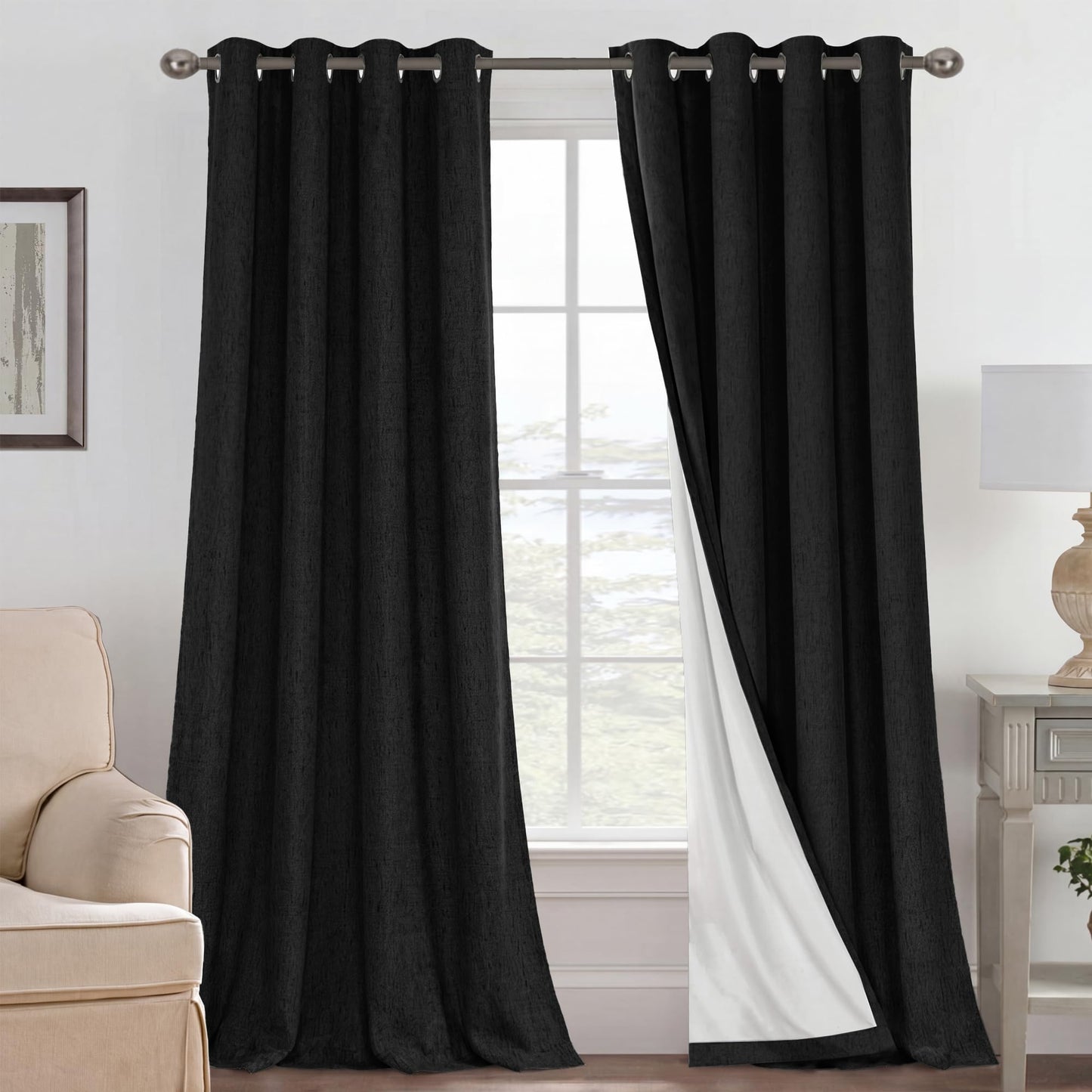 Linen Blackout Curtains Thick Textured Thermal Insulated Extra Wide Grommet Patio Door Drapes