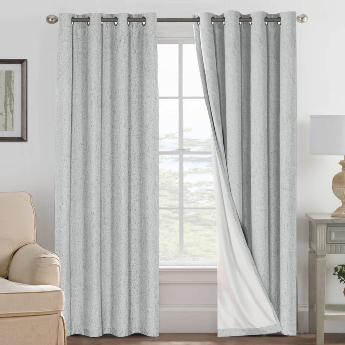 Linen Blackout Curtains Thick Textured Thermal Insulated Extra Wide Grommet Patio Door Drapes