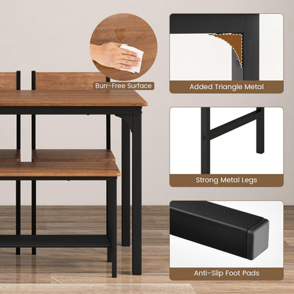 Dining Table Set for 4 with Bench, Chairs and Storage Rack Industrial Space Saving Design