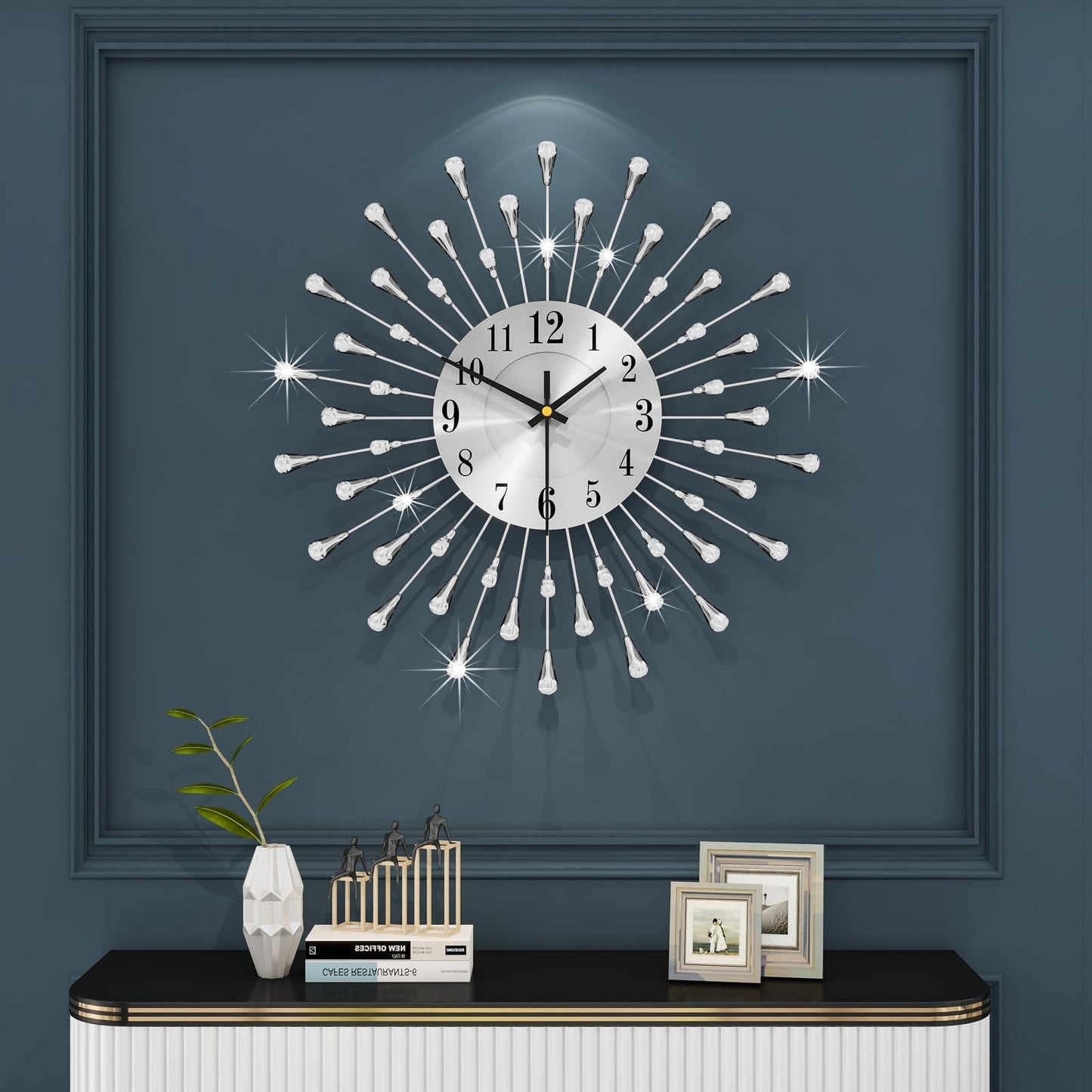 Large Round 3D Crystal Wall Clock with Silent Non-Ticking Design Battery Operated Home Decor for Living Room Bedroom Kitchen Office