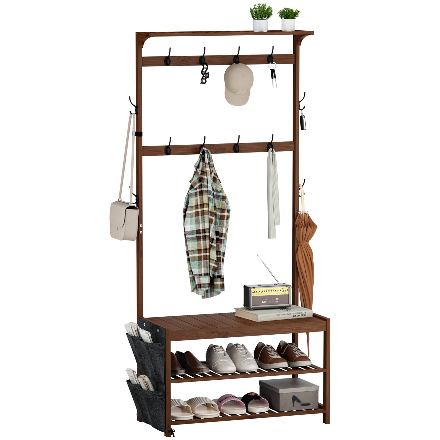 Hall Tree Entryway Bench with Coat Rack and Shoe Storage Bamboo Frame