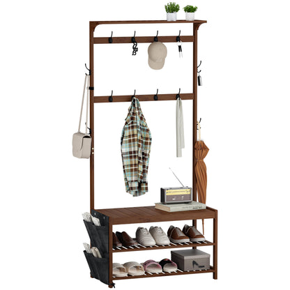 Hall Tree Entryway Bench with Coat Rack and Shoe Storage Bamboo Frame