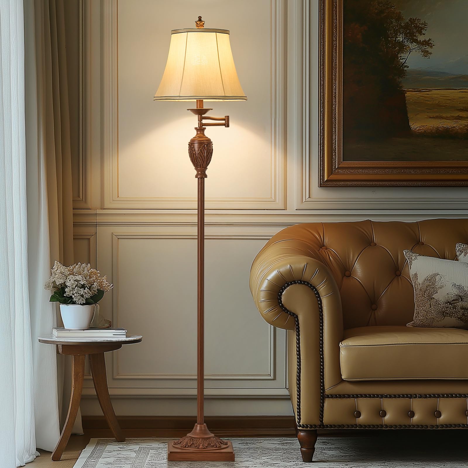 Vintage LED Floor Lamp with Adjustable Swing Arm Faux Silk Shade Rustic Standing Light for Living Room Bedroom Office