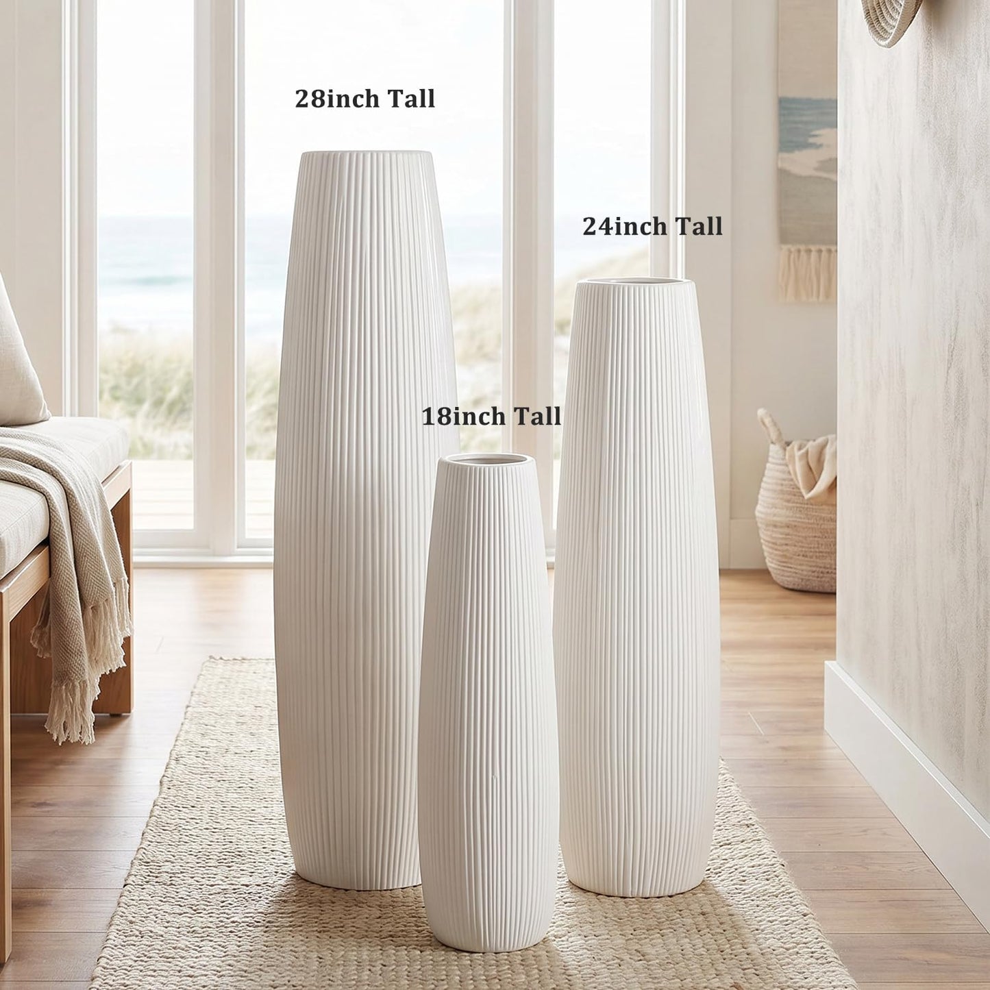 Tall White Ceramic Floor Vase Glossy Modern Home Decor for Living Room and Bedroom