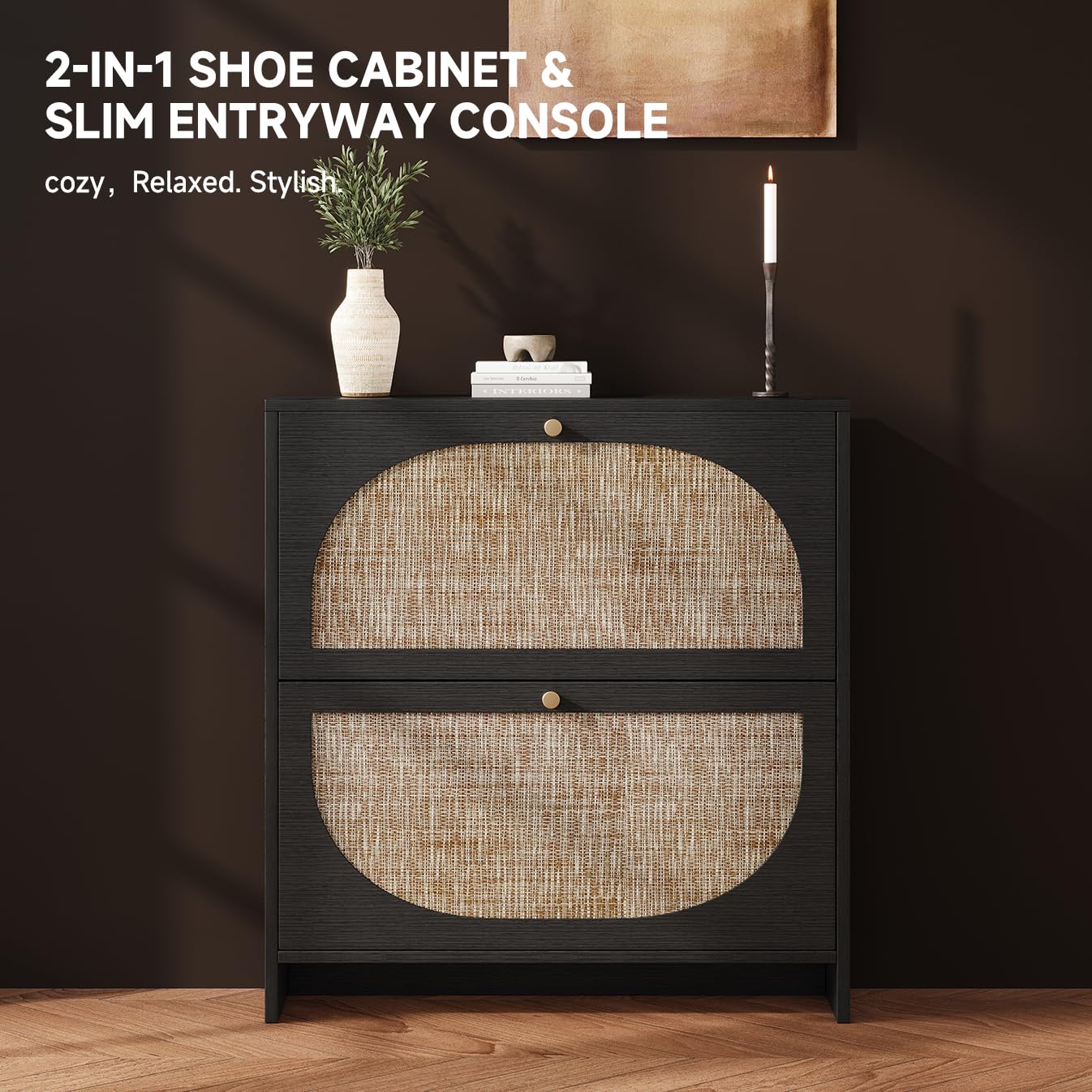 Rattan Arched Shoe Cabinet with Flip Drawers and Adjustable Shelves Entryway Storage Rack