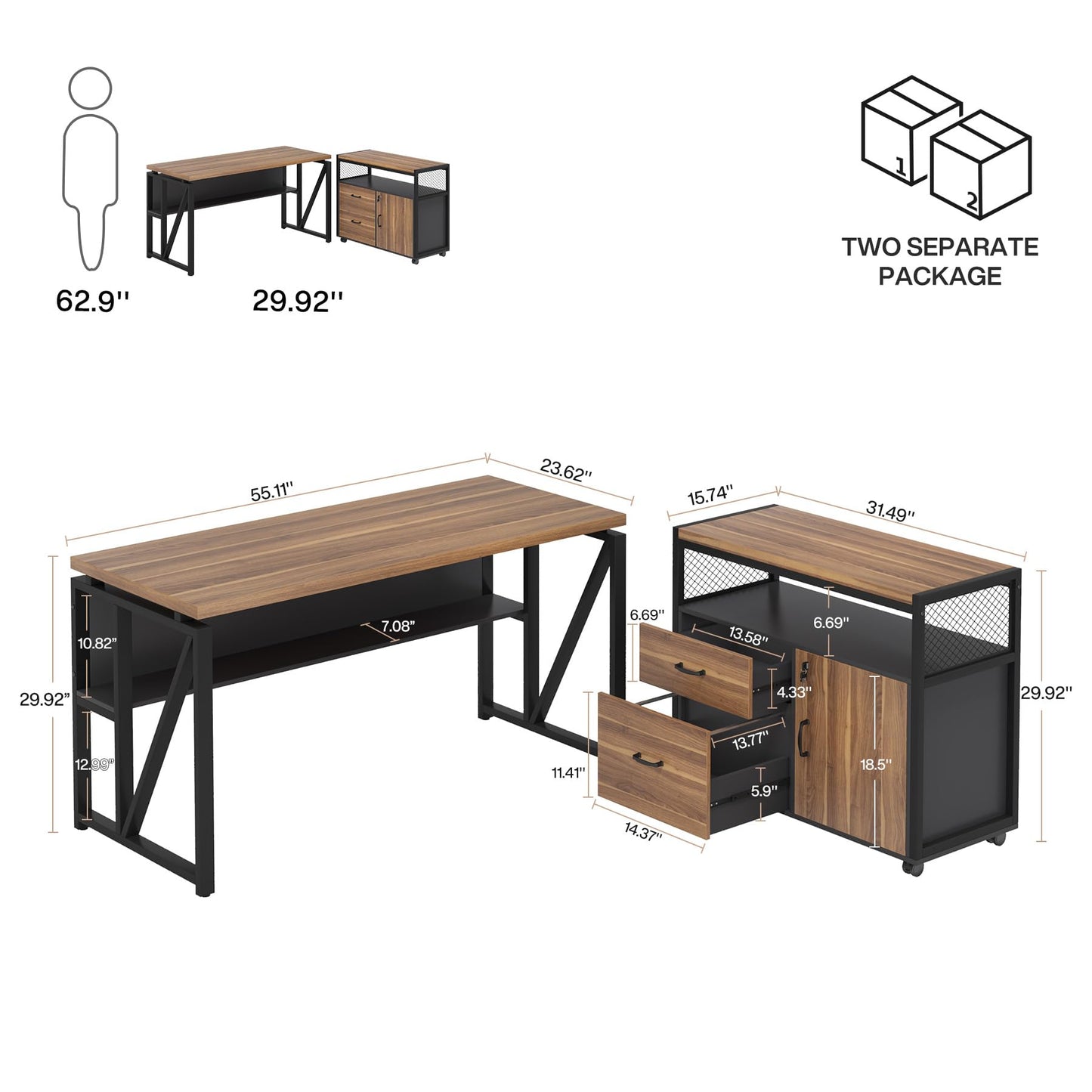 L-Shaped Executive Desk with Drawer Cabinet and File Storage Home Office Furniture