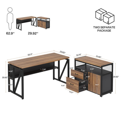 L-Shaped Executive Desk with Drawer Cabinet and File Storage Home Office Furniture