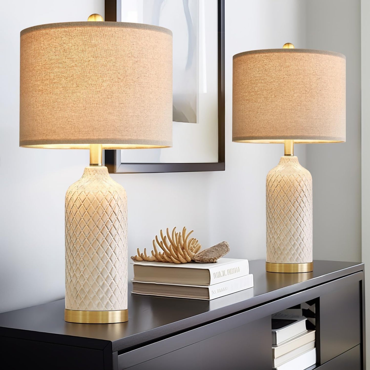 Modern Silver Ceramic Table Lamp Set of 2 Bedside Nightstand Lamps for Bedroom Living Room