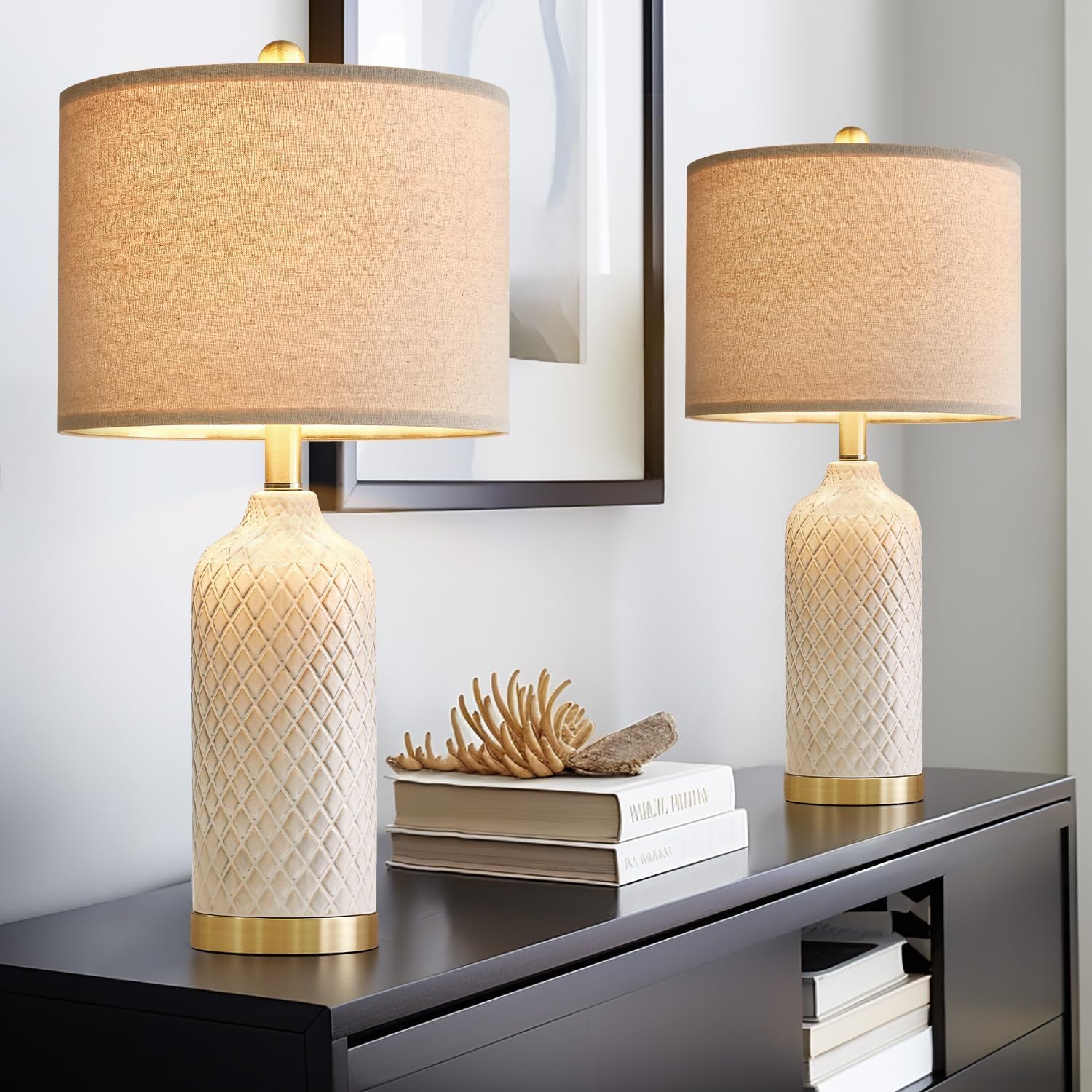 Modern Silver Ceramic Table Lamp Set of 2 Bedside Nightstand Lamps for Bedroom Living Room