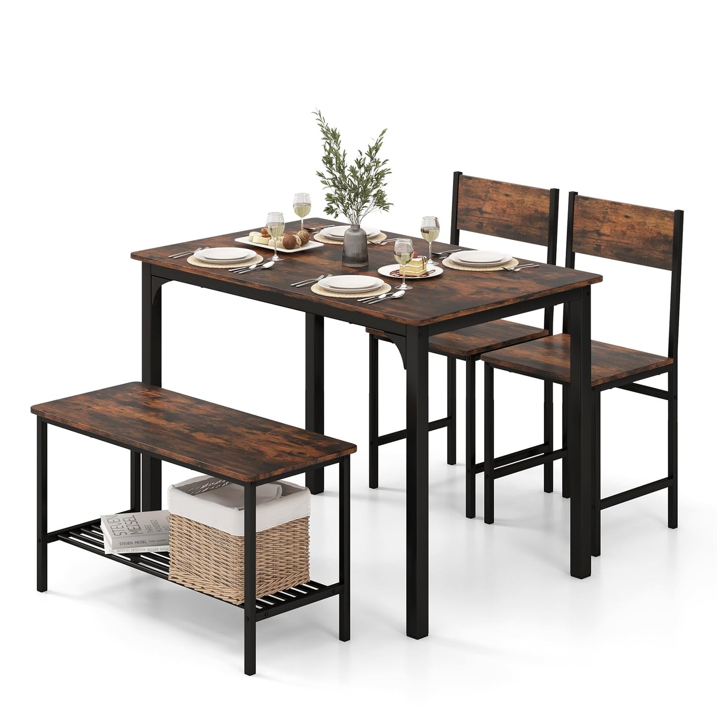 Dining Table Set for 4 with Bench, Chairs and Storage Rack Industrial Space Saving Design