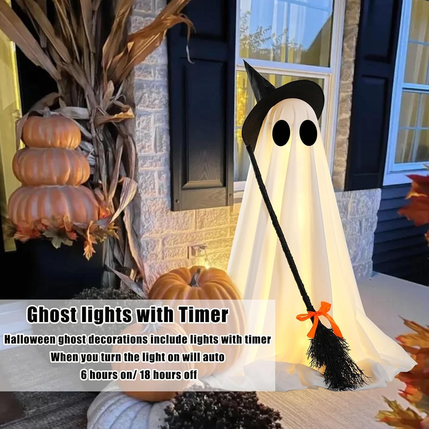 Halloween Ghost Decoration with LED Lights and Witch Broom Indoor Outdoor Porch Yard Garden Decor